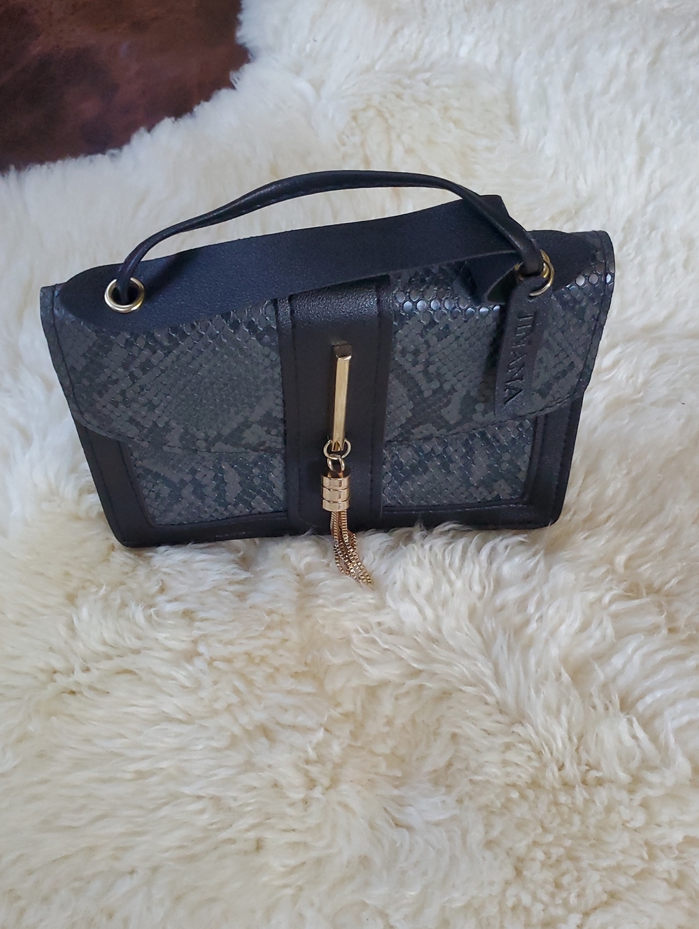 Black Snake-Print Top Handle Clutch with Gold Tassel